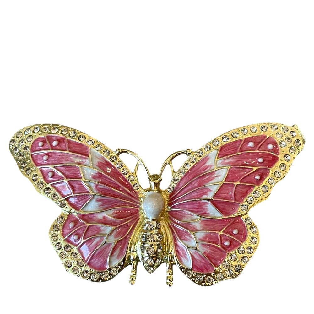 Pink Butterfly Jewelry Trinket Box Hand Painted Enamel w/ Crystals 5.5x3 NEW